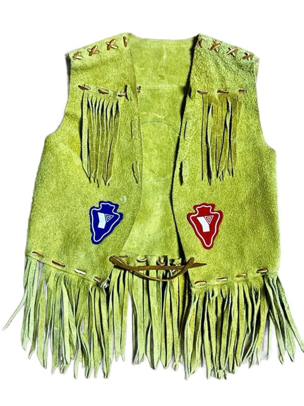 Vintage (1970’s) ~ YMCA Indian Guides Patches ~ Yellow Suede Leather Fringe Vest